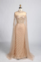Champagne Gold High Neck Beaded Cape Sleeves Sheath MOB Dress KY060