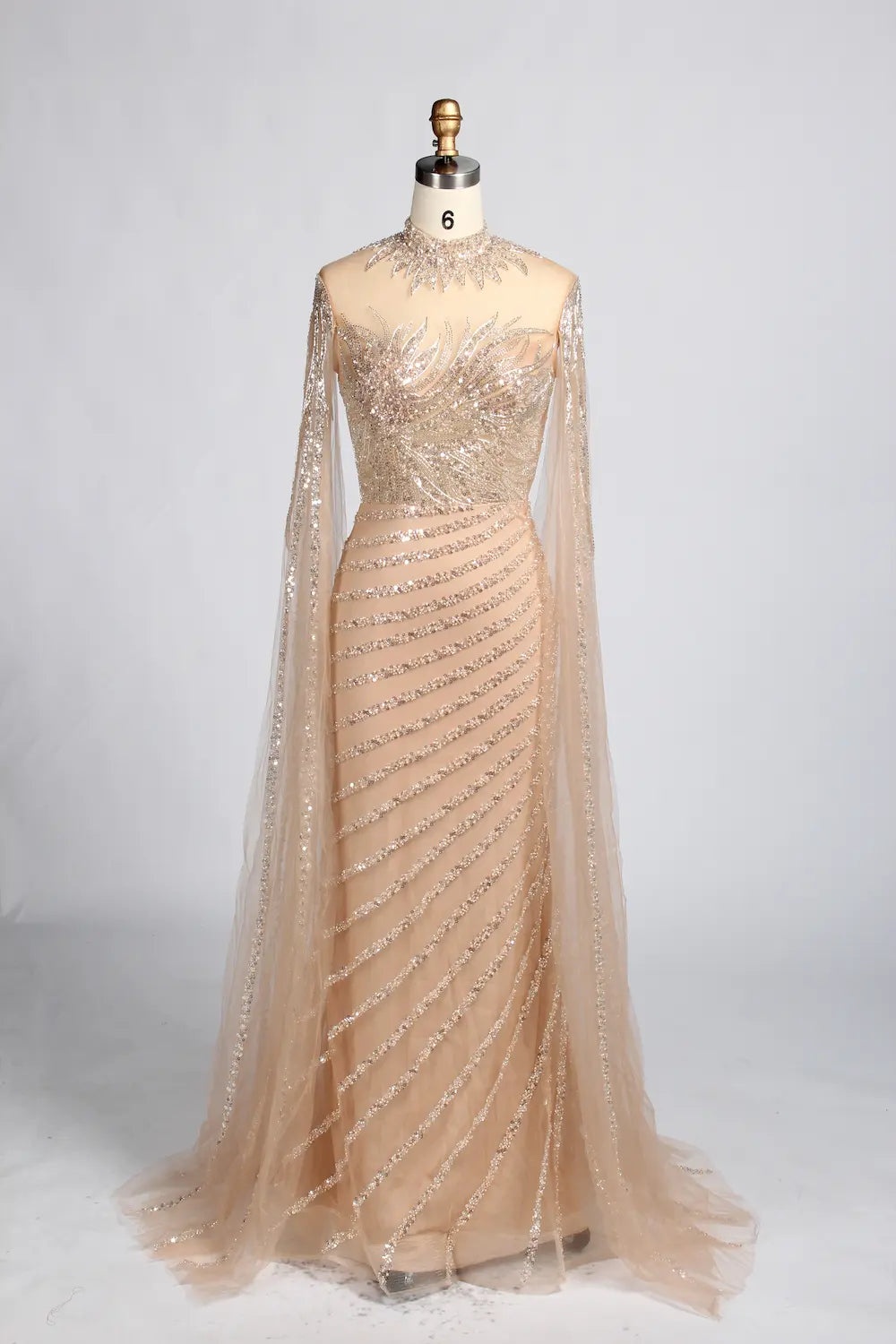 Champagne Gold High Neck Beaded Cape Sleeves Sheath MOB Dress KY060