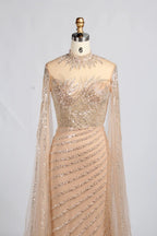 Champagne Gold High Neck Beaded Cape Sleeves Sheath MOB Dress KY060