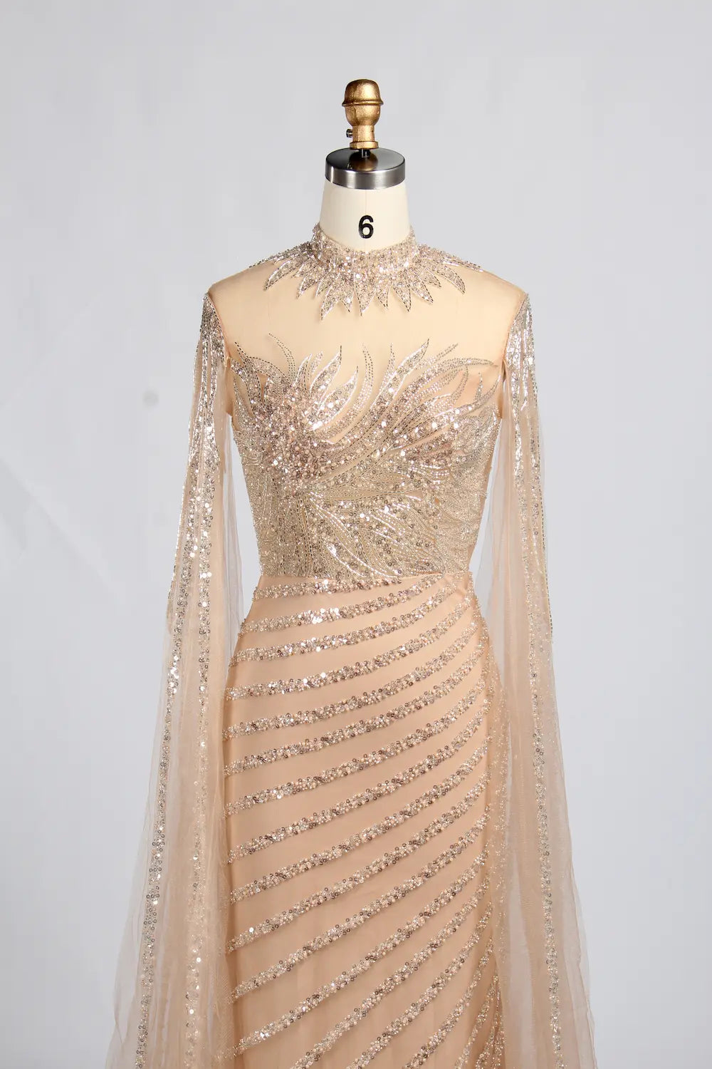 Champagne Gold High Neck Beaded Cape Sleeves Sheath MOB Dress KY060