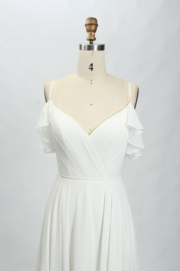 Graceful Whispers Wholesale Chiffon Train Wedding Gown with Delicate Ruffle Sleeves 32766