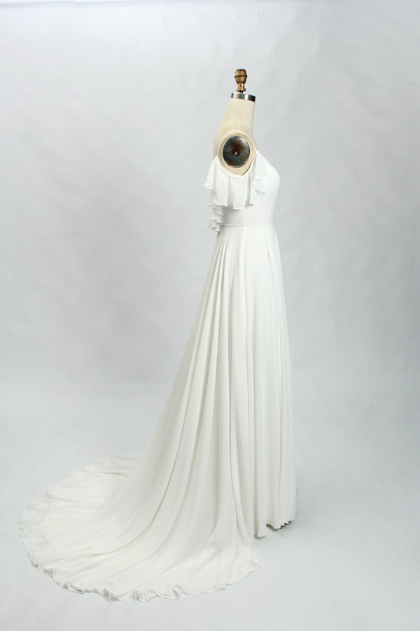 Graceful Whispers Wholesale Chiffon Train Wedding Gown with Delicate Ruffle Sleeves 32766
