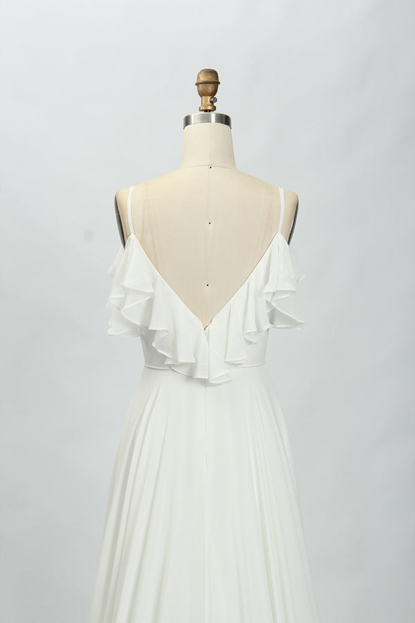 Graceful Whispers Wholesale Chiffon Train Wedding Gown with Delicate Ruffle Sleeves 32766