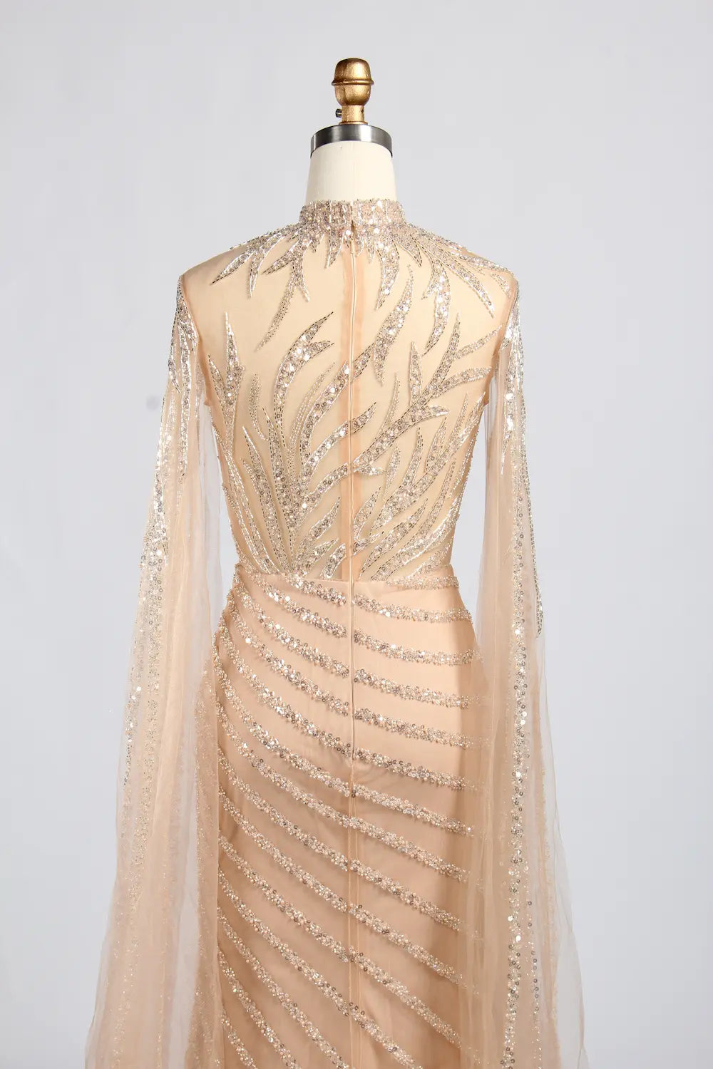 Champagne Gold High Neck Beaded Cape Sleeves Sheath MOB Dress KY060