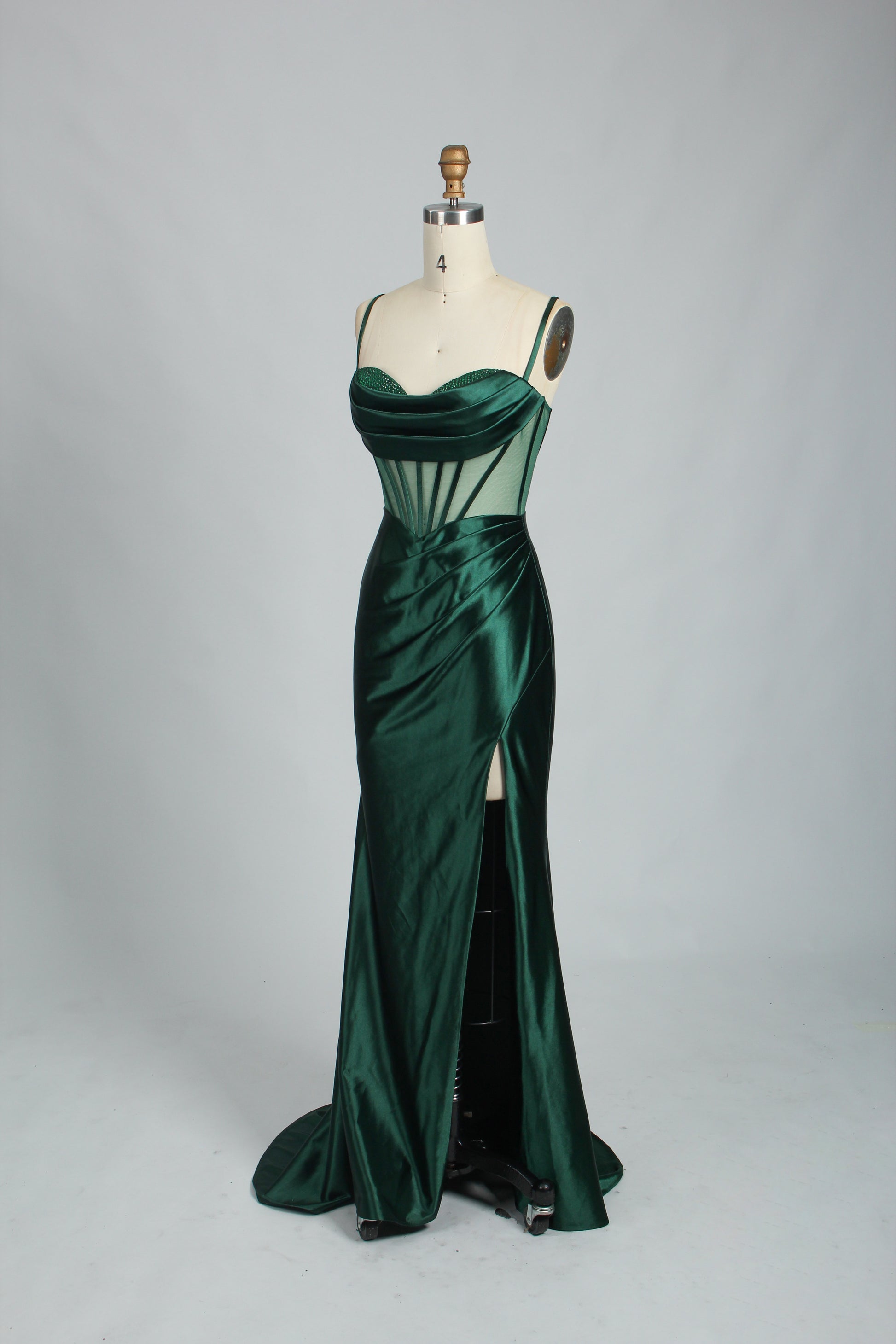 Wholesale Royal Blue Satin Prom Dress - Sheer Corset Slit Evening Gown 32727