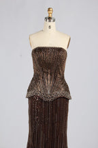 Luxury Strapless Bronze Beaded Mermaid Evening Dress with Peplum KY075