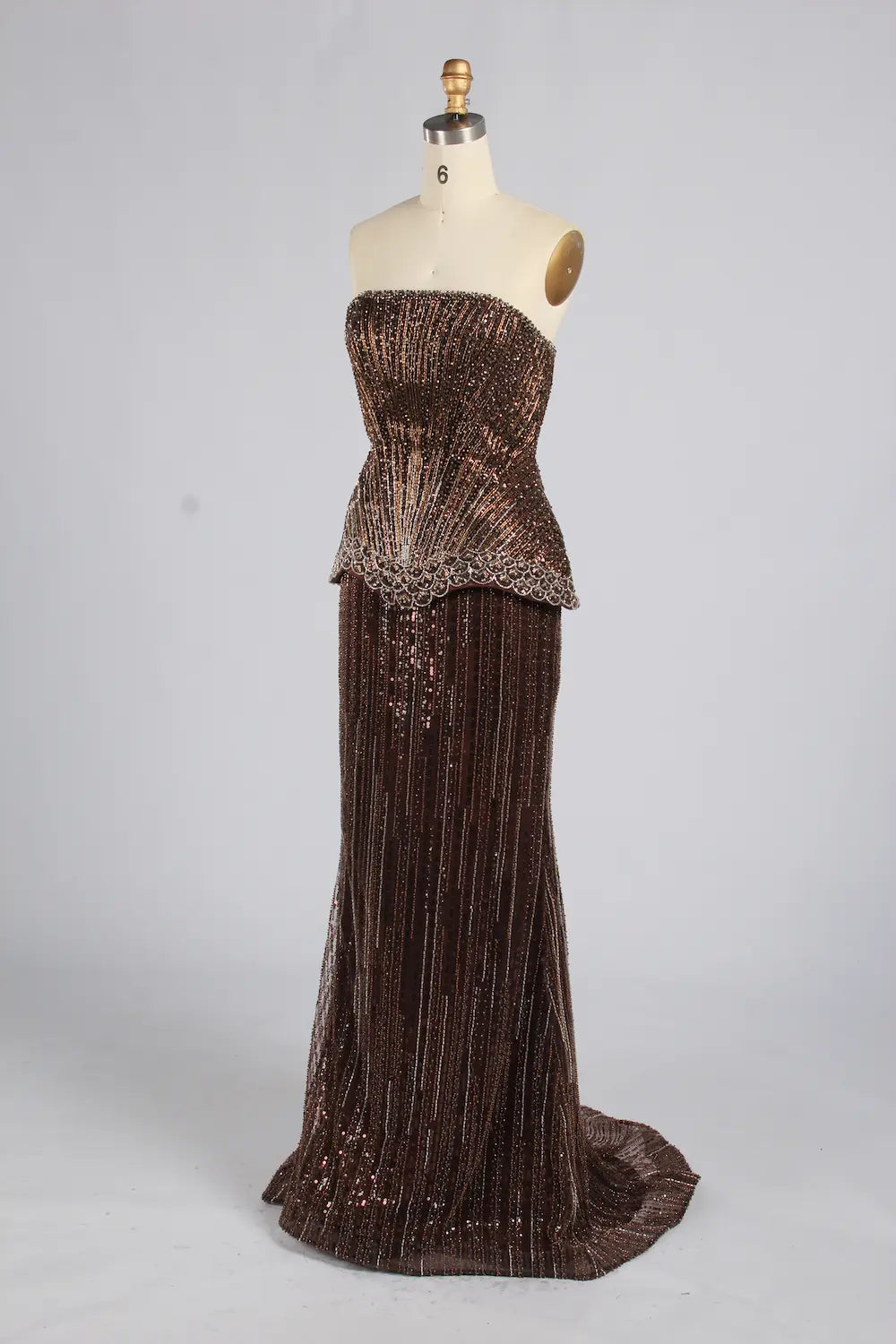 Luxury Strapless Bronze Beaded Mermaid Evening Dress with Peplum KY075
