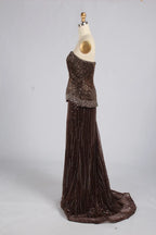 Luxury Strapless Bronze Beaded Mermaid Evening Dress with Peplum KY075
