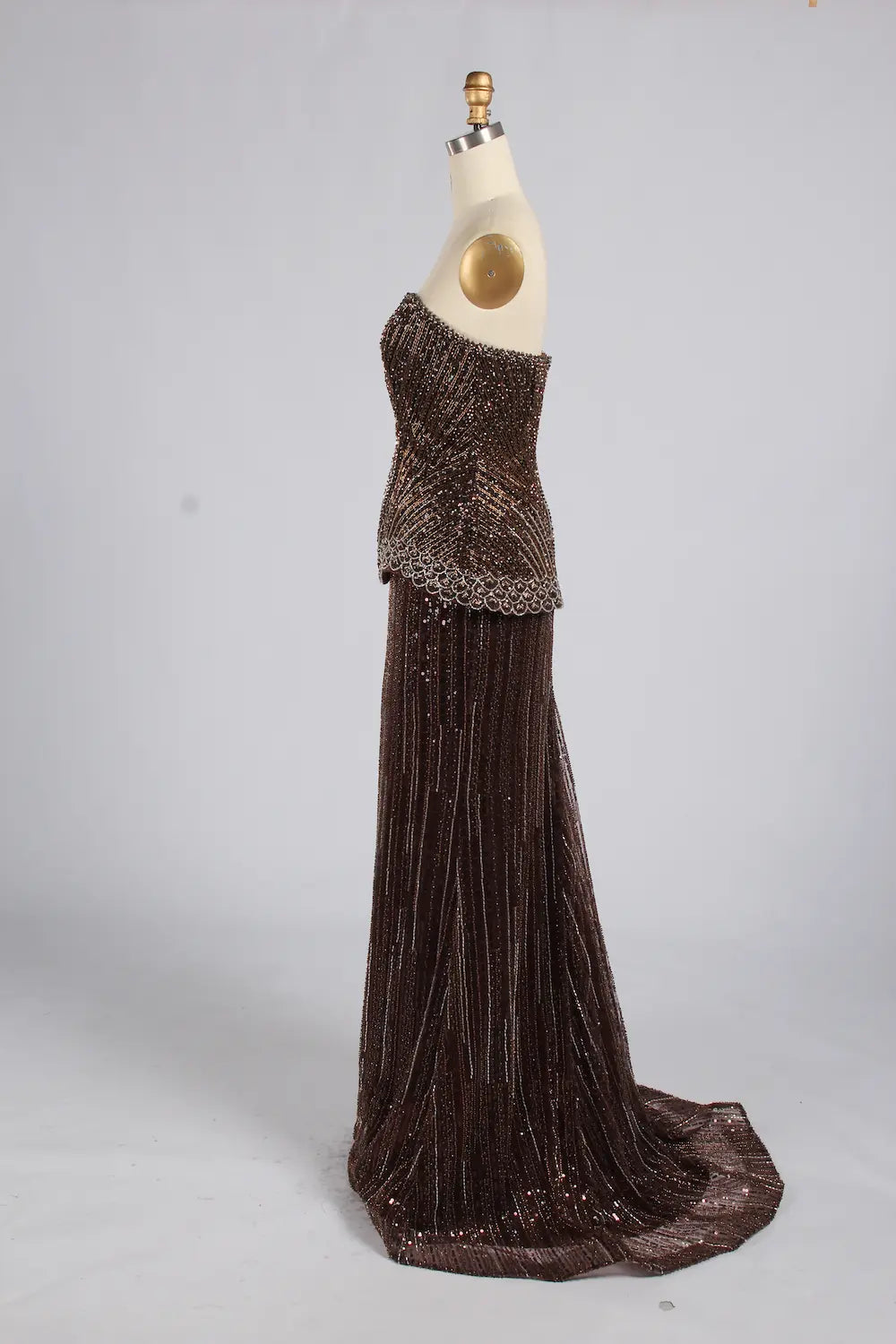 Luxury Strapless Bronze Beaded Mermaid Evening Dress with Peplum KY075