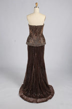 Luxury Strapless Bronze Beaded Mermaid Evening Dress with Peplum KY075