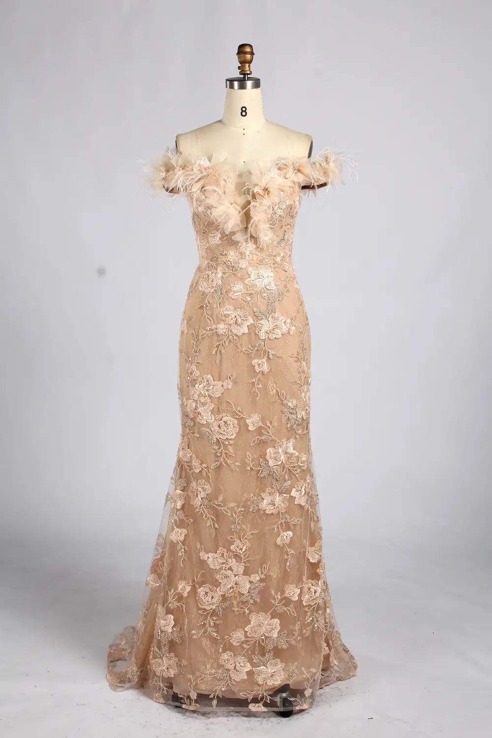 Champagne Off-the-Shoulder Feather Trim Floral Lace Mermaid MOB Dress KY078
