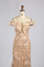 Champagne Off-the-Shoulder Feather Trim Floral Lace Mermaid MOB Dress KY078