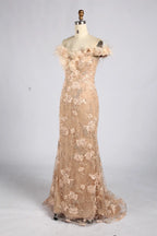 Champagne Off-the-Shoulder Feather Trim Floral Lace Mermaid MOB Dress KY078