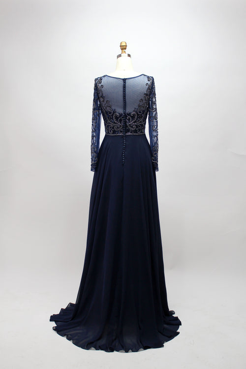 Long Sleeve Beaded Tulle A-Line Mother of Bride Evening Dress 32540B