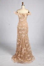 Champagne Off-the-Shoulder Feather Trim Floral Lace Mermaid MOB Dress KY078