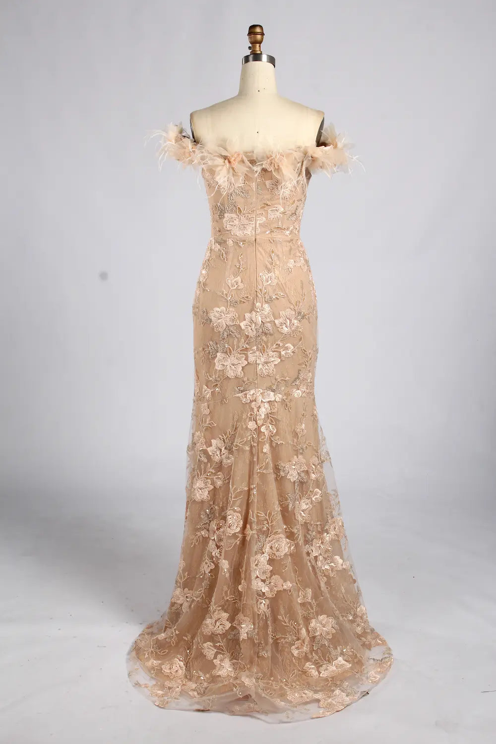 Champagne Off-the-Shoulder Feather Trim Floral Lace Mermaid MOB Dress KY078
