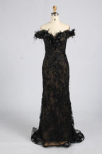 Champagne Off-the-Shoulder Feather Trim Floral Lace Mermaid MOB Dress KY078