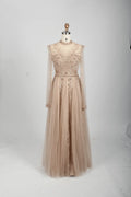Embellished Boat Neck A-Line Mother of the Bride Dress with Long Sleeves MC071