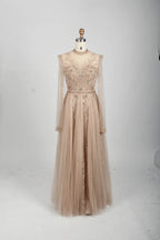 Embellished Boat Neck A-Line Mother of the Bride Dress with Long Sleeves MC071