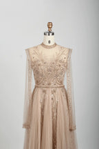 Embellished Boat Neck A-Line Mother of the Bride Dress with Long Sleeves MC071