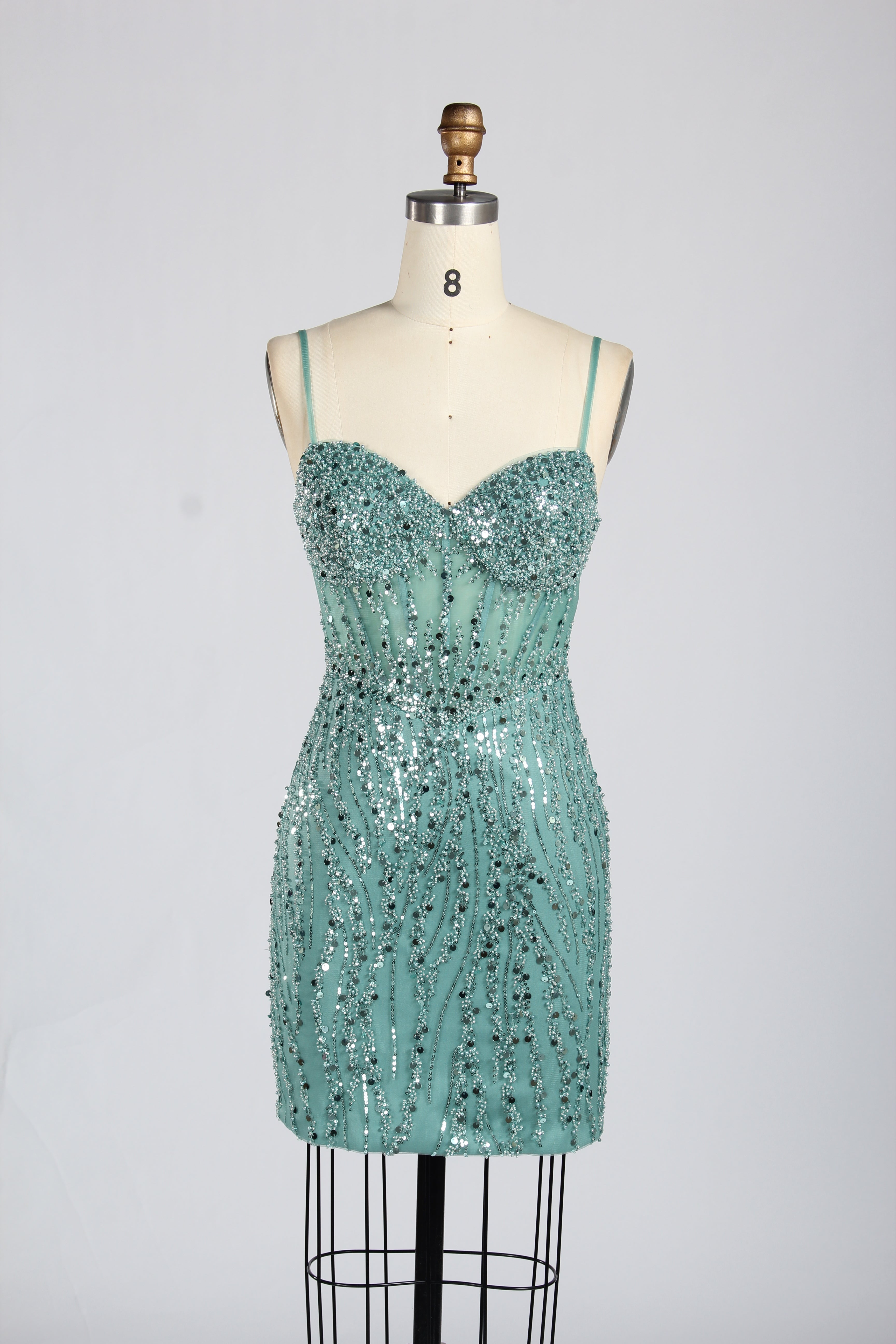 Wholesale Teal Spaghetti Strap Sequin Homecoming Dress 33332