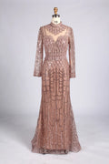 Blush Pink High-Neck Scalloped Sequin Long Sleeve Mother of the Bride Dress MC177