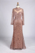 Blush Pink High-Neck Scalloped Sequin Long Sleeve Mother of the Bride Dress MC177