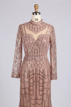 Blush Pink High-Neck Scalloped Sequin Long Sleeve Mother of the Bride Dress MC177