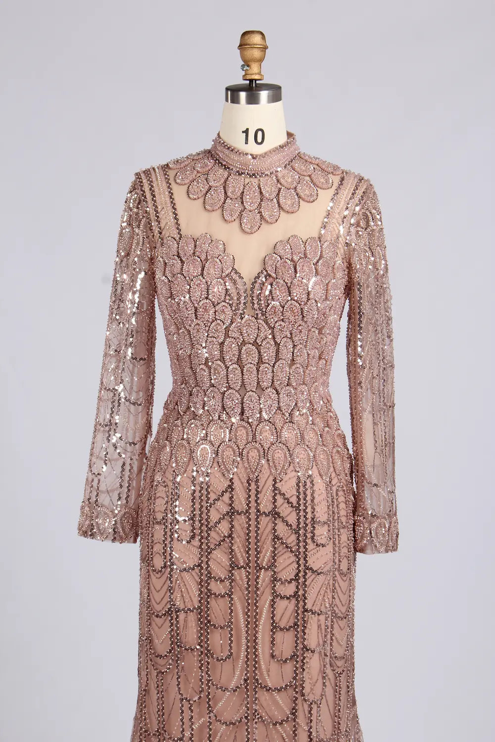 Blush Pink High-Neck Scalloped Sequin Long Sleeve Mother of the Bride Dress MC177