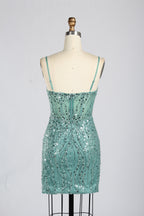 Wholesale Teal Spaghetti Strap Sequin Homecoming Dress 33332