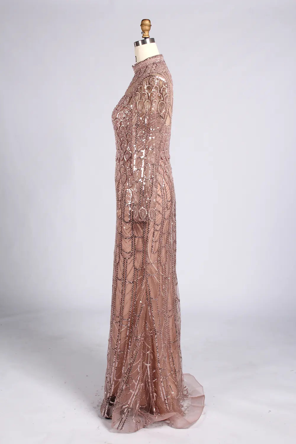 Blush Pink High-Neck Scalloped Sequin Long Sleeve Mother of the Bride Dress MC177