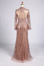 Blush Pink High-Neck Scalloped Sequin Long Sleeve Mother of the Bride Dress MC177