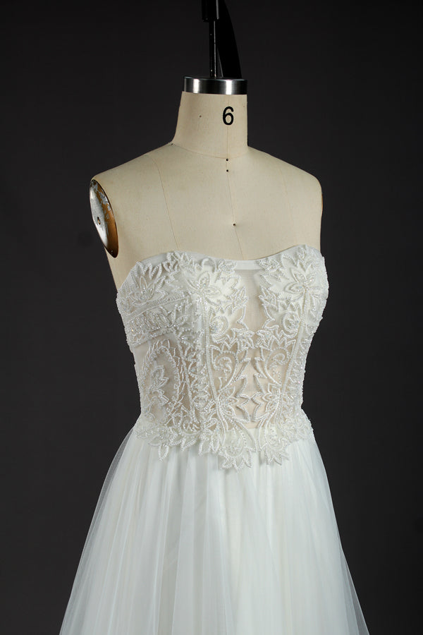 Enchanting Allure Wholesale Lace Strapless Wedding Gown with Sheer Tulle Skirt KT1301