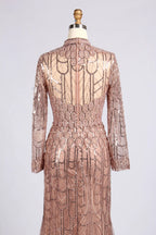 Blush Pink High-Neck Scalloped Sequin Long Sleeve Mother of the Bride Dress MC177