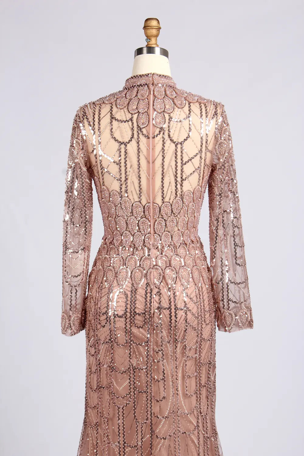 Blush Pink High-Neck Scalloped Sequin Long Sleeve Mother of the Bride Dress MC177