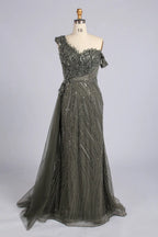 Grey One-Shoulder Beaded Evening Dress with Side Drape| MC178