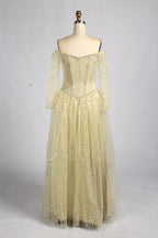 Yellow Off-the-Shoulder Long Sleeve Beaded A-Line Mother of the Bride Dress KY080