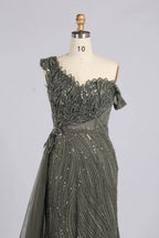 Grey One-Shoulder Beaded Evening Dress with Side Drape| MC178