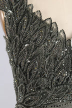 Grey One-Shoulder Beaded Evening Dress with Side Drape| MC178