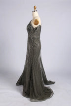 Grey One-Shoulder Beaded Evening Dress with Side Drape| MC178