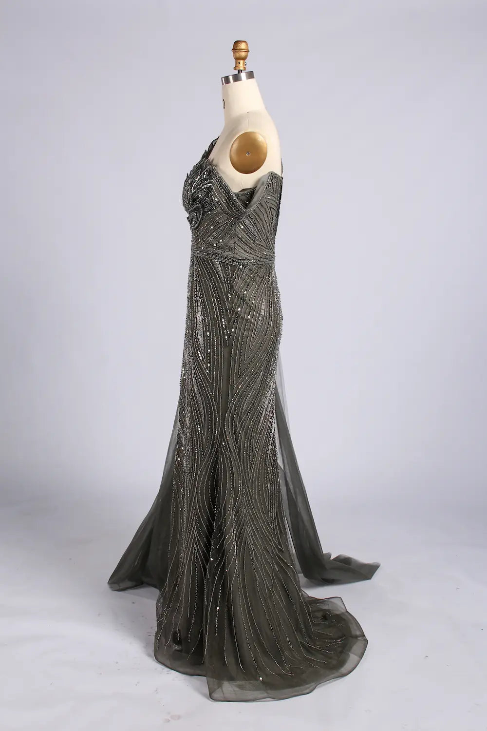 Grey One-Shoulder Beaded Evening Dress with Side Drape| MC178