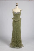 Olive Green Spaghetti Strap Crystal Corset Peplum Mermaid Evening Dress KY082