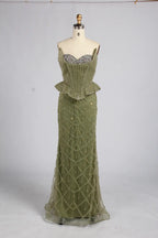 Olive Green Spaghetti Strap Crystal Corset Peplum Mermaid Evening Dress KY082