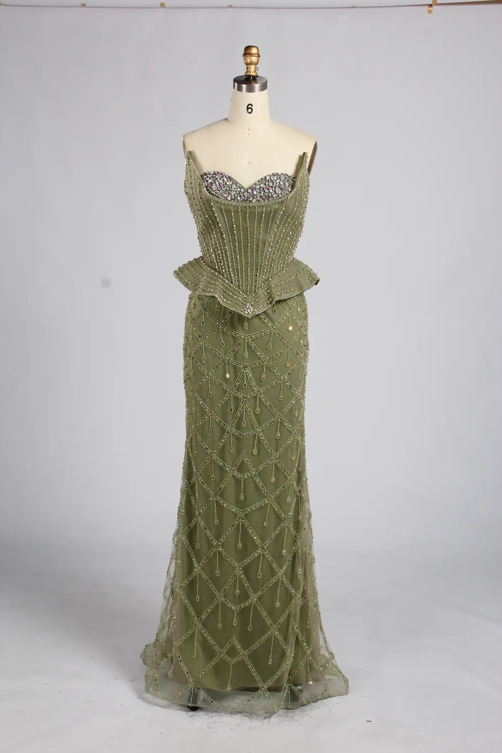 Olive Green Spaghetti Strap Crystal Corset Peplum Mermaid Evening Dress KY082
