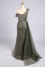 Grey One-Shoulder Beaded Evening Dress with Side Drape| MC178