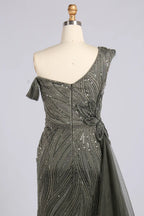 Grey One-Shoulder Beaded Evening Dress with Side Drape| MC178