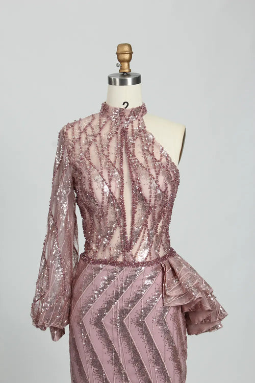 Blush Pink One Shoulder Beaded Mother of the Bride Dress MK111