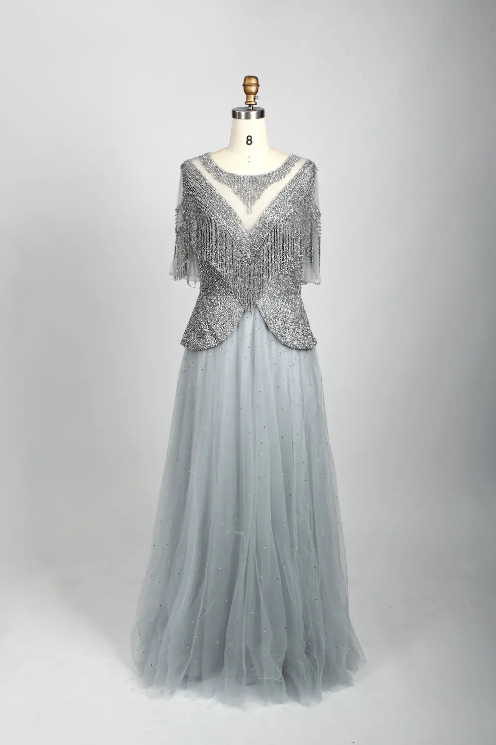 Beaded V-Neck A-Line Mother of the Bride Dress with Short Sleeves MC079B