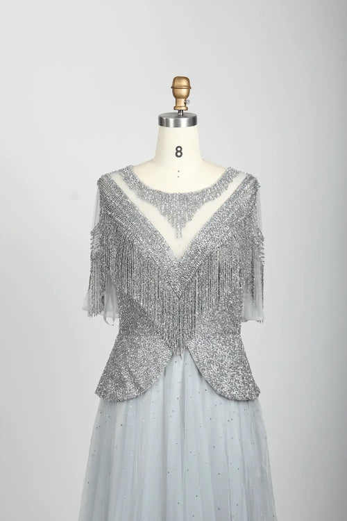 Beaded V-Neck A-Line Mother of the Bride Dress with Short Sleeves MC079B
