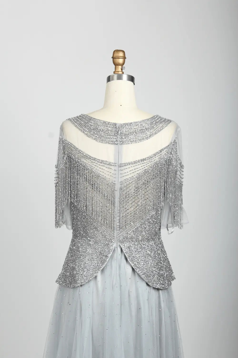 Beaded V-Neck A-Line Mother of the Bride Dress with Short Sleeves MC079B